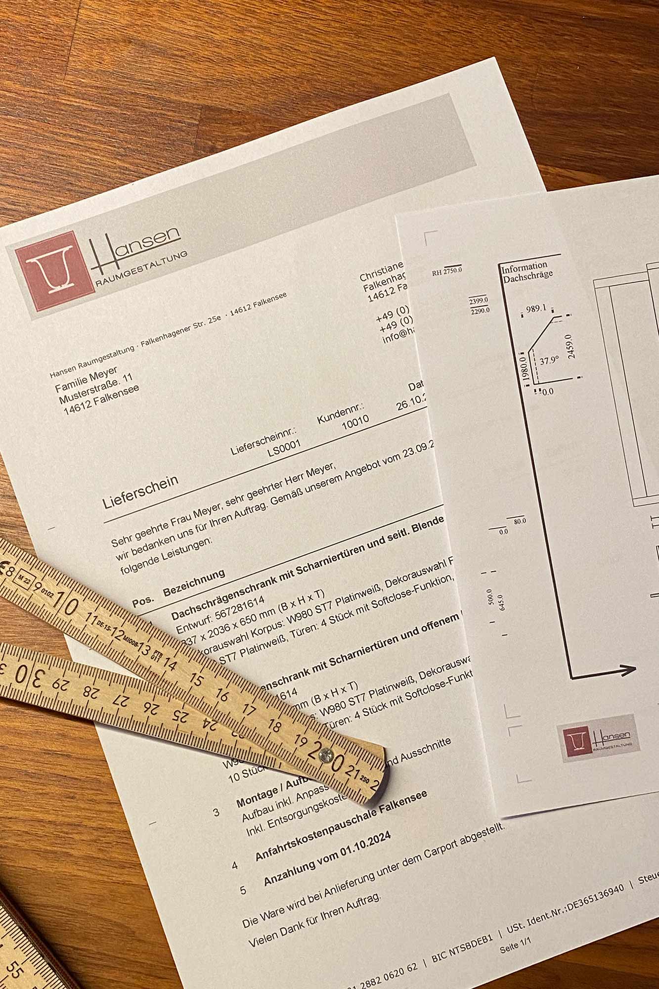Delivery note and technical drawing of a custom-made piece of furniture with measuring tape