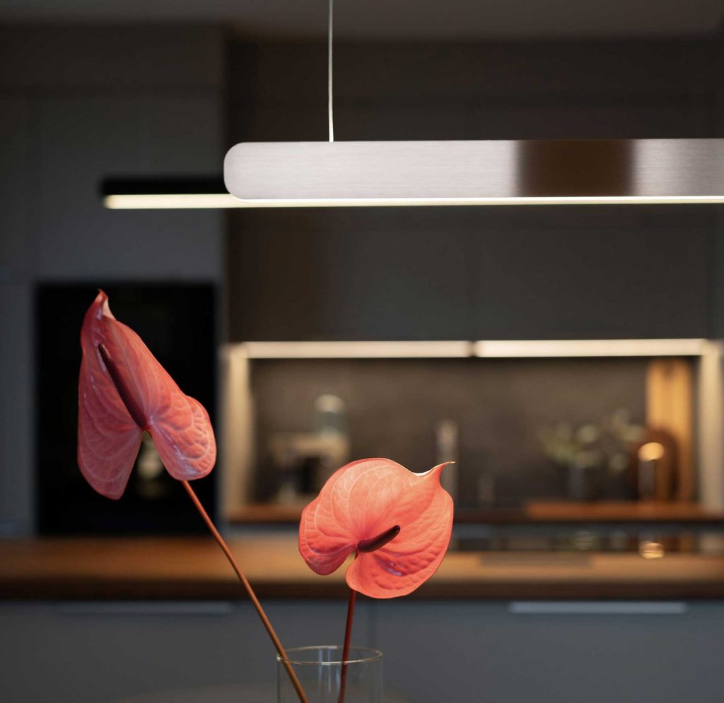 Detail of the Occhio light with vase and delicate anthuriums